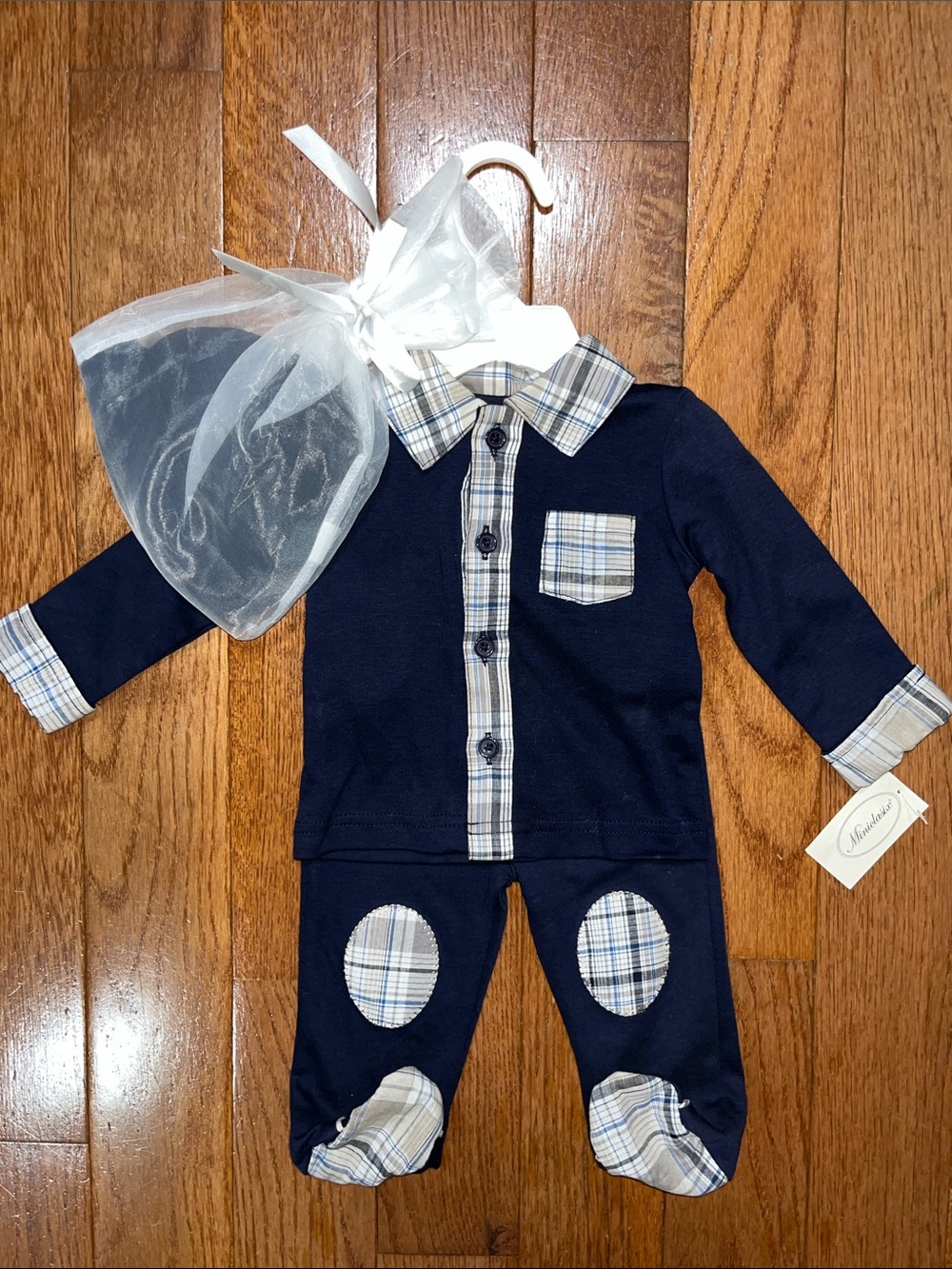NWT Navy Plaid Trim Baby Three Piece Outfit